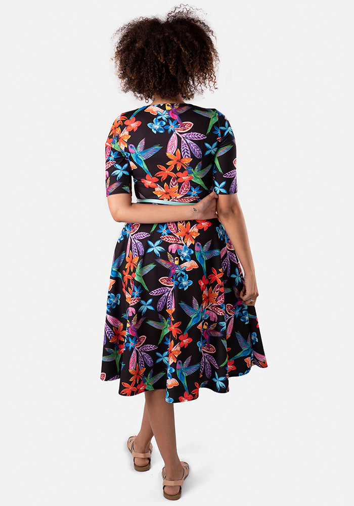 Michelle Tropical Humming Bird Print Swing Dress