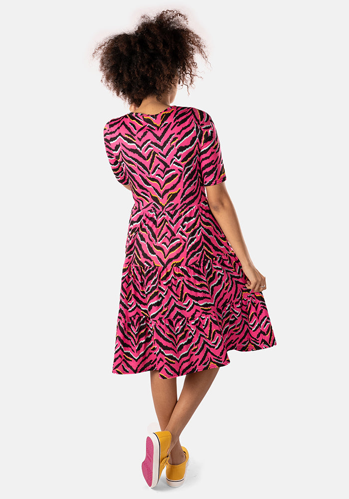 Mirabelle Bright Tiger Stripe Print Tiered Hem Dress