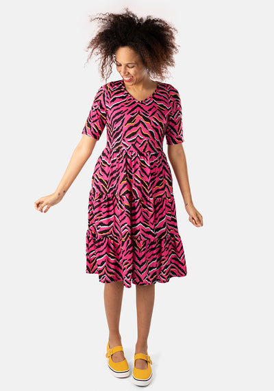 Mirabelle Bright Tiger Stripe Print Tiered Hem Dress