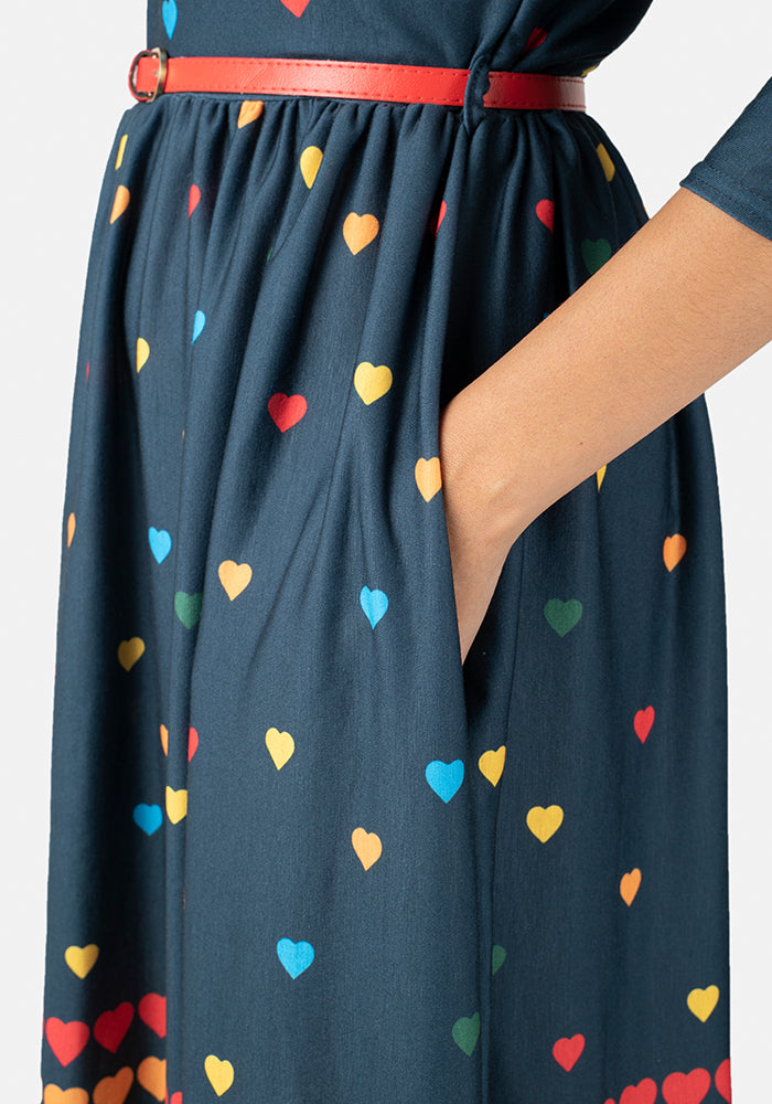 Miriam Navy Rainbow Heart Print Dress