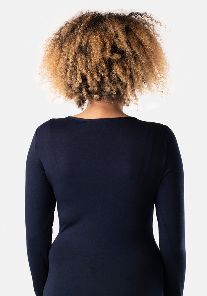Navy Long Cuff Sleeve Round Neck Top