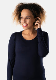 Navy Long Cuff Sleeve Round Neck Top
