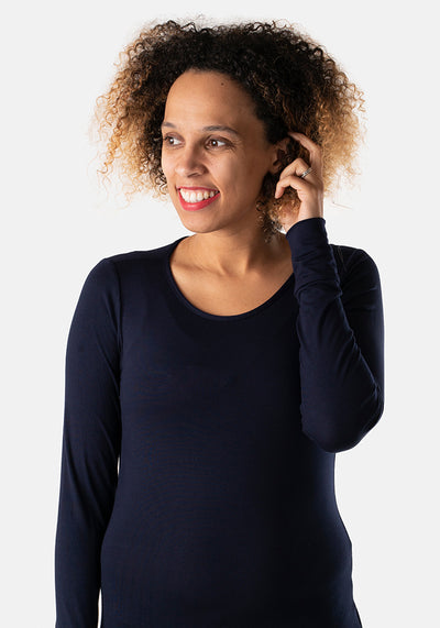 Navy Long Cuff Sleeve Round Neck Top