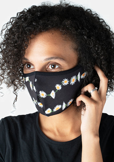 3 Layer Black Daisy Print Reversible Face Cover (Daphne)