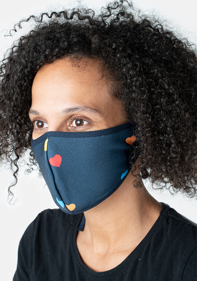 3 Layer Navy Multi Coloured Heart Print Reversible Face Cover (Miriam)