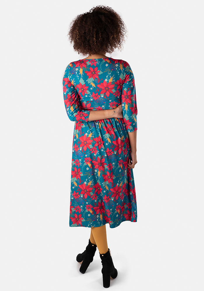 Noella Teal Poinsettia Print Midi Dress