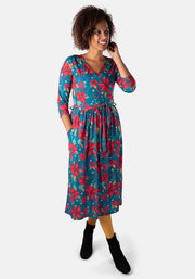 Noella Teal Poinsettia Print Midi Dress