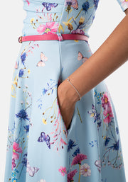 Noemi Blue Butterfly & Floral Swing Dress