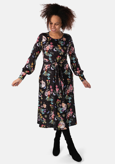Nox Midnight Botanical Print Midi Dress