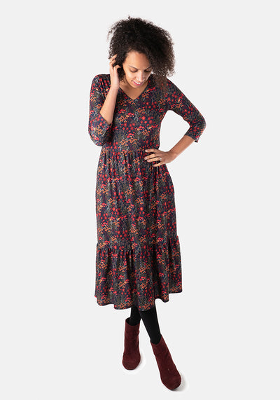 Octavia Orange & Navy Floral Midi Dress