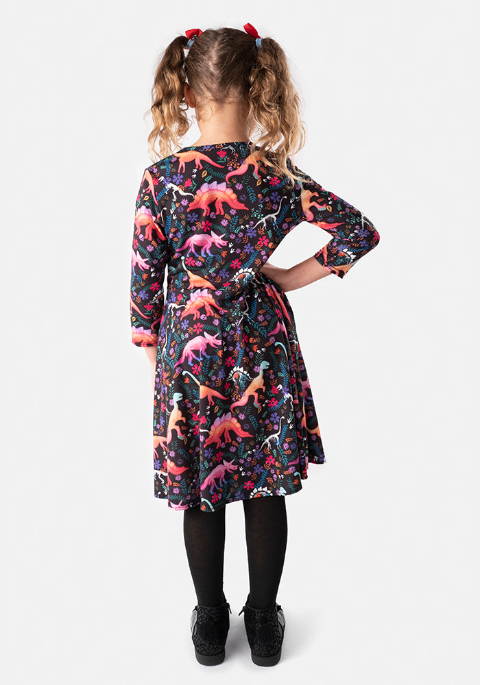 Children's Spooky Dinosaur Print Dress (Onyx)