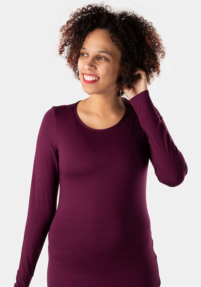 Front view of Wine Long Sleeve Round Neck Top