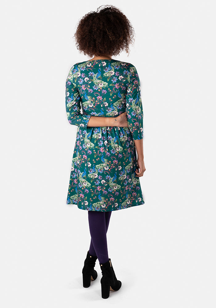 Pavini Teal Peacock Floral Print Dress