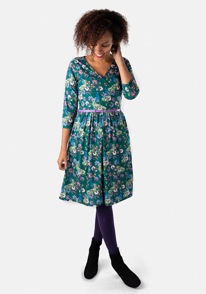 Pavini Teal Peacock Floral Print Dress