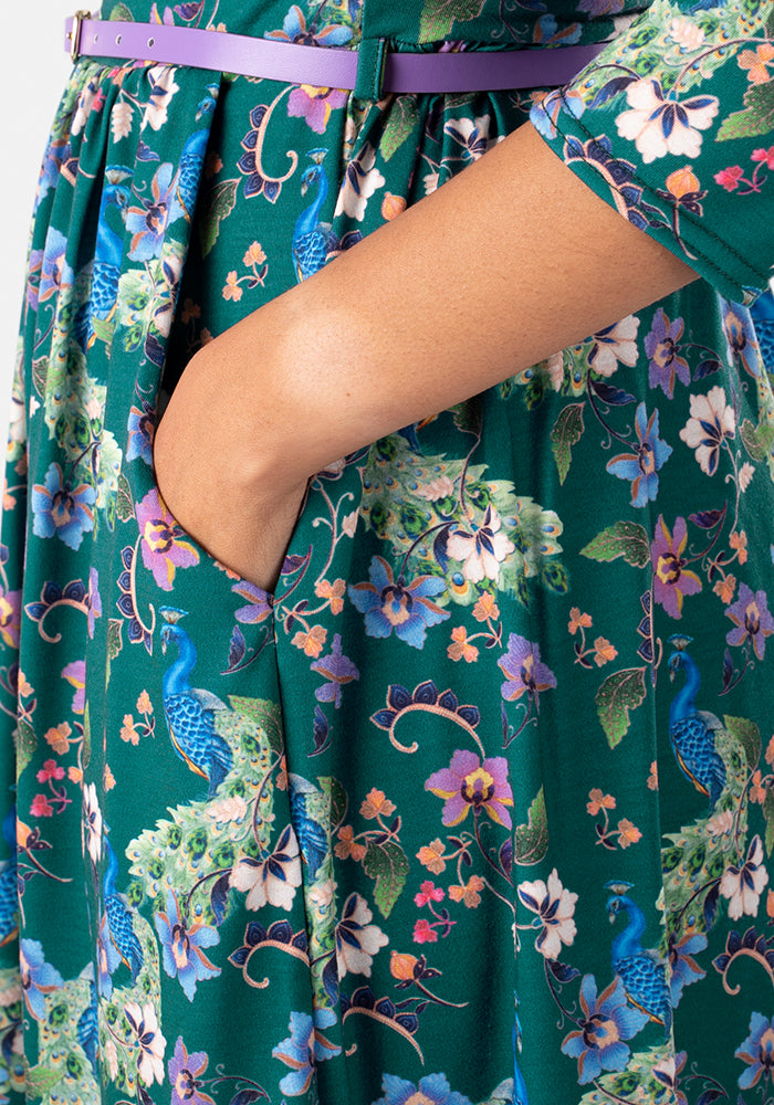 Pavini Teal Peacock Floral Print Dress