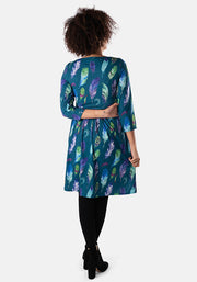 Plume Teal Feather Print Dress