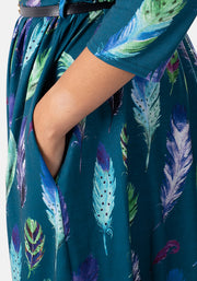 Plume Teal Feather Print Dress