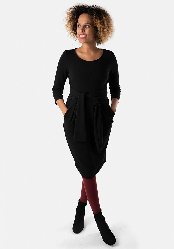 Front view of Raven Black Textured Crepe Tie Front Dress