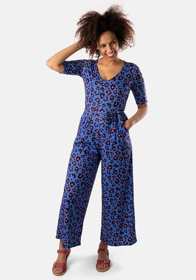 Reba Blue Animal Print Culotte Leg Jumpsuit