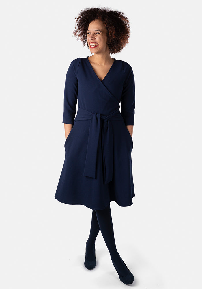Rowena Navy Wrap Neck Dress Popsy Clothing