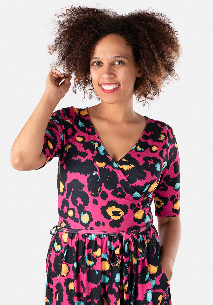 Tamia Pink Animal Print Midi Dress