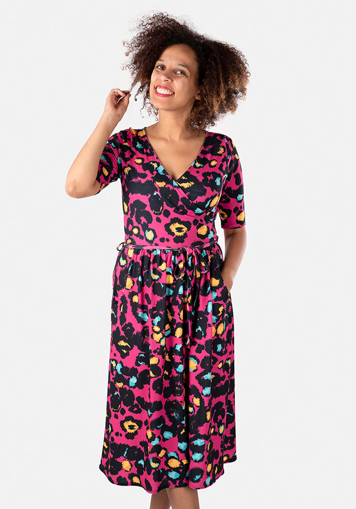 Tamia Pink Animal Print Midi Dress
