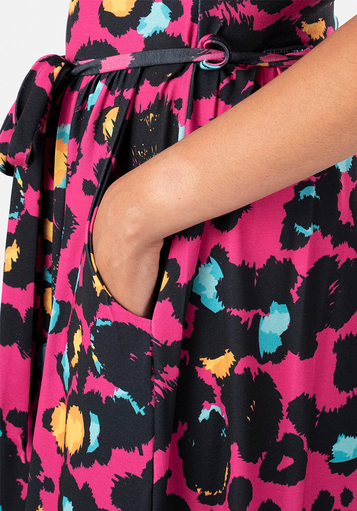 Tamia Pink Animal Print Midi Dress