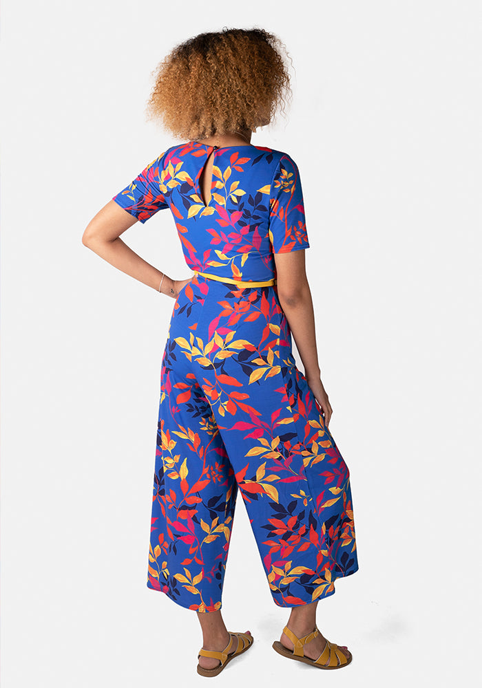 Tanisha Blue Trailing Leaf Print Culotte Jumpsuit