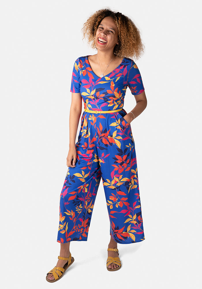 Tanisha Blue Trailing Leaf Print Culotte Jumpsuit