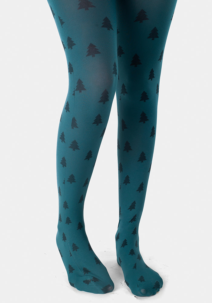 Premium 50 Denier Teal Christmas Tree Print Tights