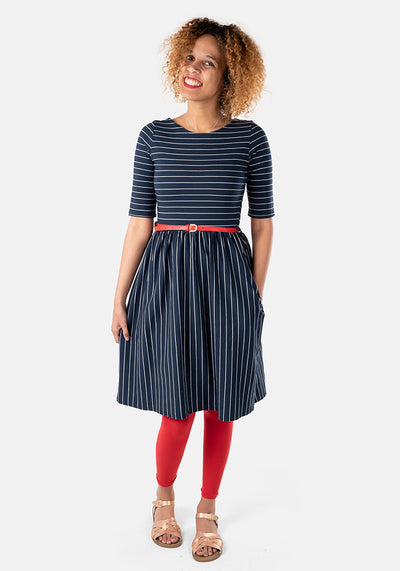 Veronica Navy Ecru Stripe Dress