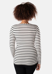 Ecru & Black Stripe Long Sleeve Round Neck Top