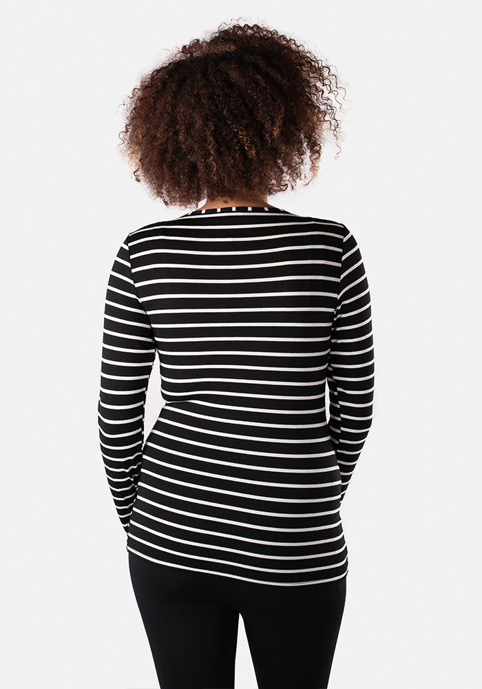 Black & Ecru Stripe Long Sleeve Round Neck Top
