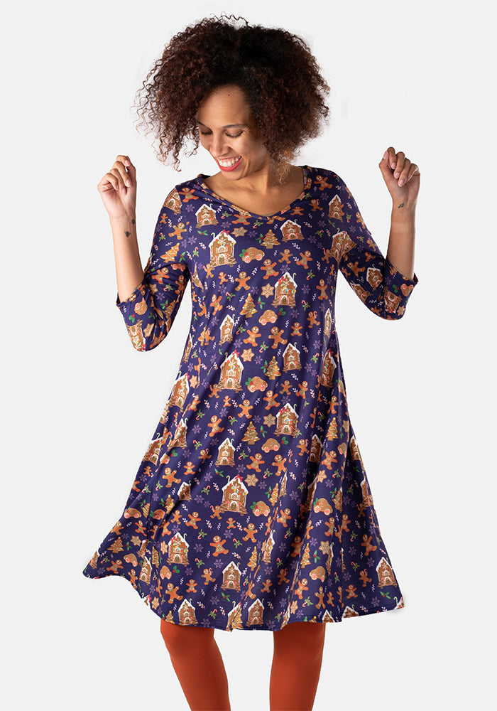 Yule Gingerbread Print Dress