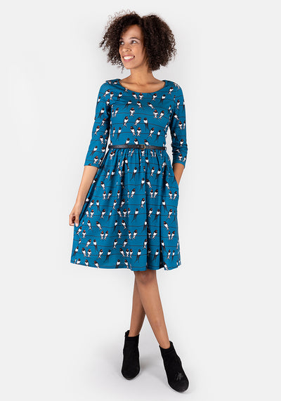 Yasmin Teal Swallow Print Dress