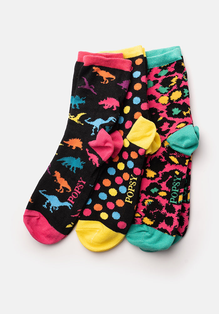 3 Pack Dinosaur, Animal & Spot Knit Socks