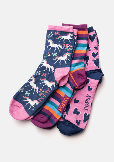 3 Pack Unicorn, Stripe & Heart Knit Socks