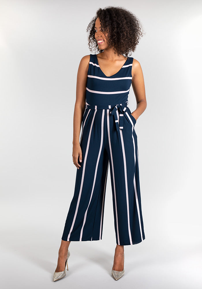 Navy blue and shop white striped jumpsuit